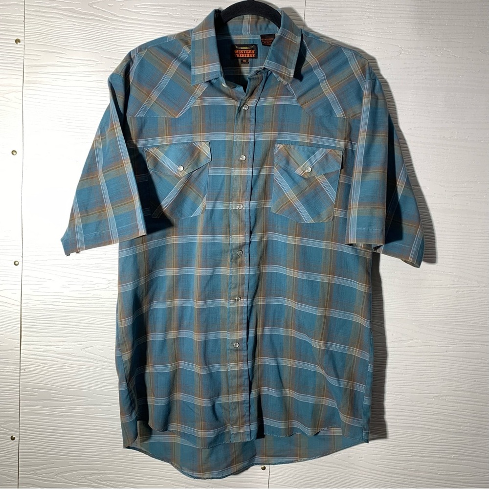Vintage Western Passions Blue Brown Plaid Pearl Snap Short Sleeve Western Shirt